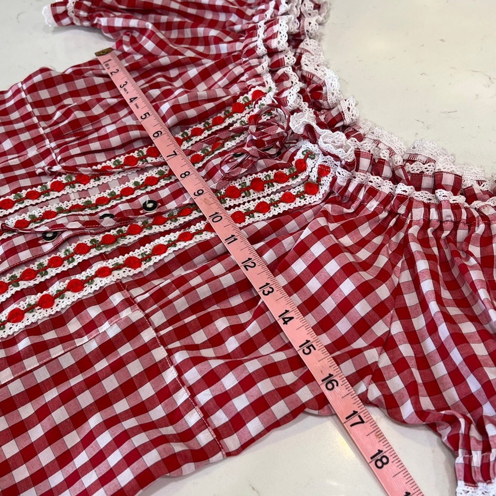 Fuchs Red and White Gingham Crochet Trim Lace-Up Back Off Shoulder Peasant Top - Picture 11 of 12